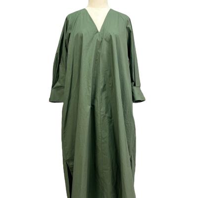 China Spring 2022 New Cotton Breathable Loose Casual Dress Fashion Dark Green Zeqing Simple V-Neck Dress for sale