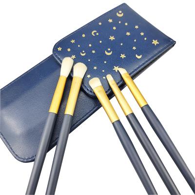 China Make Up Tools Custom Eye Makeup Brush Blue Rod With Gold 5PCS Brush Set Cosmetic Tools With Leather Cover For Travel for sale