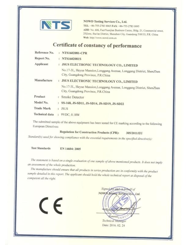 Certificate Of constancy of performance - JSUS ELECTRONIC TECHNOLOGY CO.,LIMITED