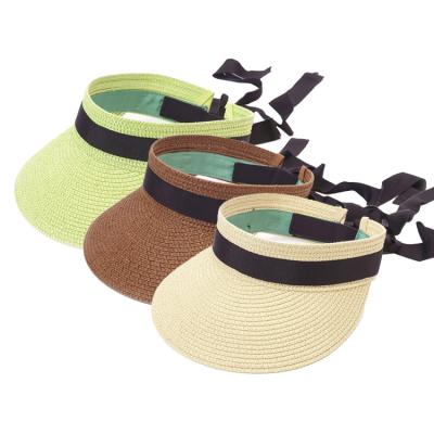 China Sun Protection & Adjustable Women Straw Sun Visor Hat Cap From Breathable Paper Custom Band With Ribbon for sale