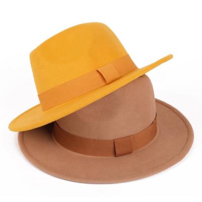 China Comfy Luxury Felt Women Wide Brim Female Band Elegant Ribbon Brown Fedora Hats for sale