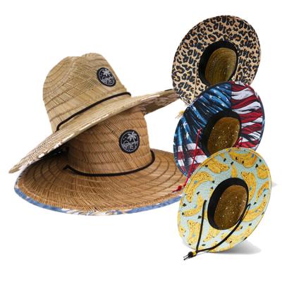 China Custom Logo Unisex Summer Outdoor Natural Straw Wide Brim Surfing Straw Sun Protection Hat for sale