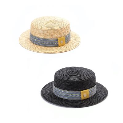 China Sun Protection & Breathable Customized Logo Summer Boater Hawaiian Flat Top Wheat Straw Hat For Adult for sale