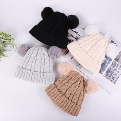 China Winter COMMON Kids Embroidery Slouch Custom Acrylic Knit Pom Pom Kids Beanie Knit Baby Hats for sale