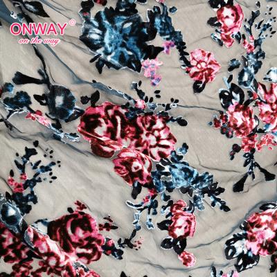 China BREATHABILITY; HANDFEEL China 2021 new width SOFT fancy flower silk burnout printed velvet fabric velvet fabric for dresses 100% polyester for dress for sale