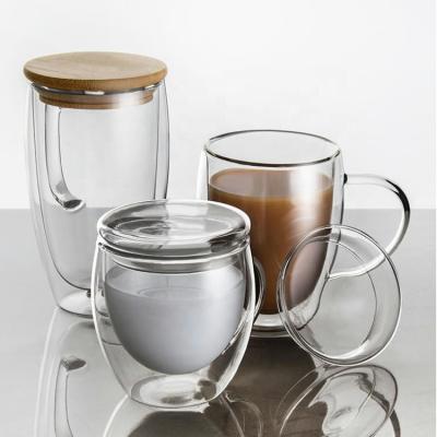 China LangXu Amazon Shop Wholesale Clear Double Wall Stocked Hot Selling Glass Coffee Mug With Glass Wood Lid And Handle Various Sizes for sale