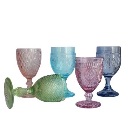 China New Classic / Postmodern Embossed Hand Pressed Glassware Pink Colored Drinking Wine Glasses for sale