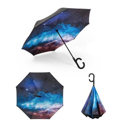 China Modern Custom Print Brand Logo Straight Car Uv Invert Reverse Umbrella for sale