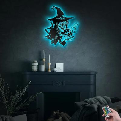 China Eclectic Halloween Witch  Metal Wall Art with Led Lights for sale