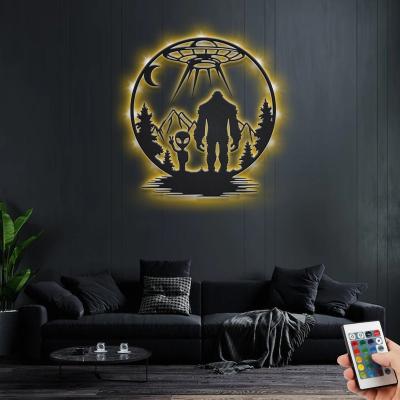 China Eclectic Bigfoot And Alien Under The Moon Metal Wall Art With LED Light for sale