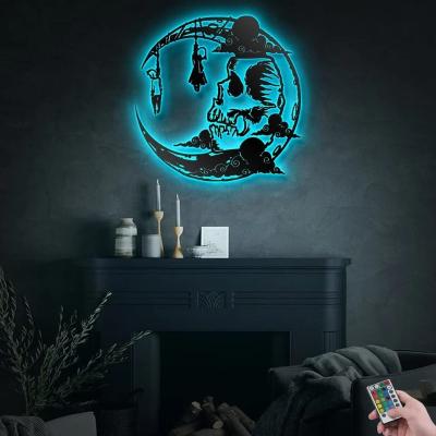 China Eclectic Halloween Skeletons On The Moon Metal Wall Art with Led Lights for sale