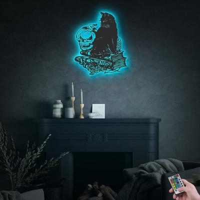 China Eclectic Black Magic Cat Haloween Metal Wall Art with Led Lights for sale