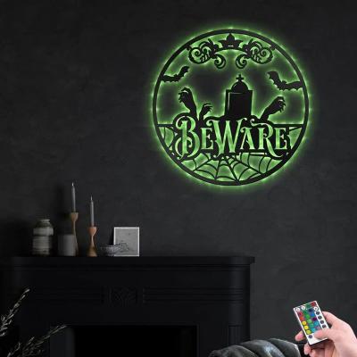 China Eclectic Beware Halloween Metal Wall Art with Led Lights for sale