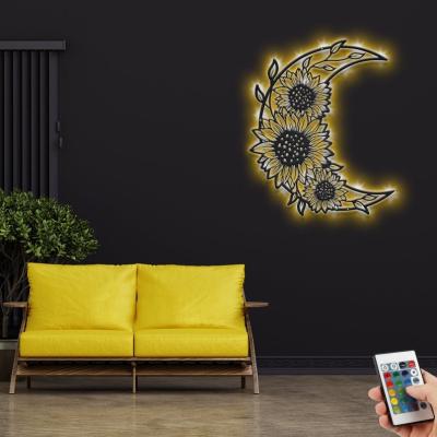 China Eclectic Sunflower Moon Metal Wall Art With LED Light for sale