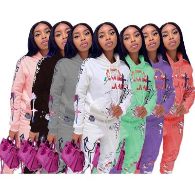 China M2022 anti-pilling graffiti satin spandex hoodie two-piece set autumn long sleeve hoodie sweatsuit equipment for sale