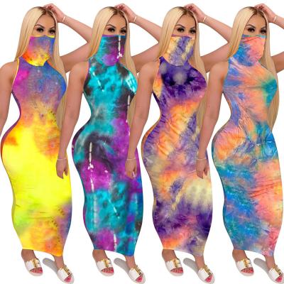 China Tie Dye Anti-pilling Printed Women Printing Modern Casual Bandage Maxi Dress With Bandana for sale