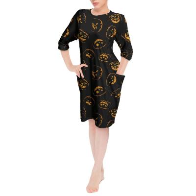 China Anti-Wrinkle Halloween With Pumpkin Faces Design T Shirts For Women Knee Length Pocket Midi Dress Long Sleves Loose Stretchy Crew Neck T-Shirt for sale