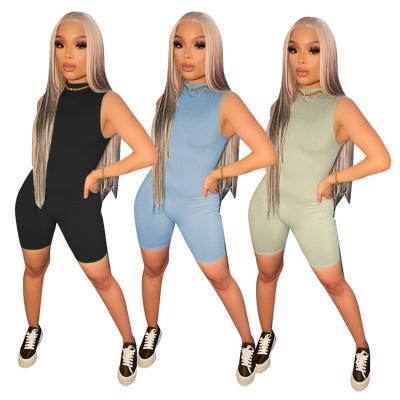 China Summer Breathable Solid Color Women Jumpsuits Solid Color Turtle Neck Bodycon Jumpsuit One Piece Ribbed Romper for sale