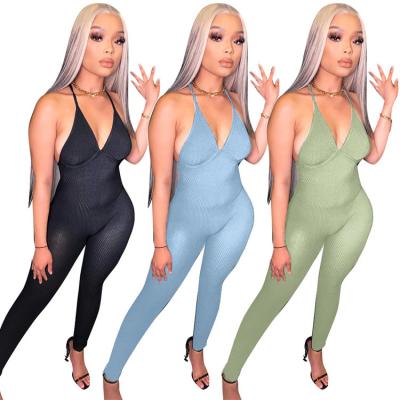 China 2021 Summer Breathable V-Neck Halter Sleeveless Overalls Ribbing Sexy Bodycon Solid Color One-Piece Overalls for sale