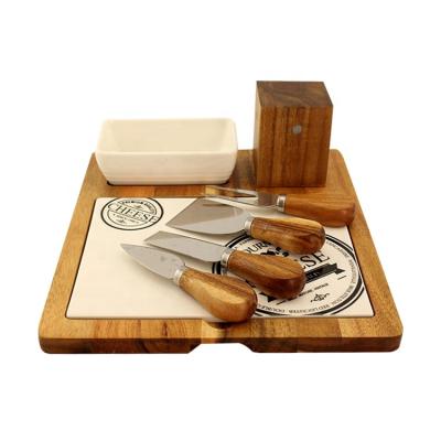 China Amazon Sustainable Hot Sale Rubber Wooden Cheese Board With Ceramic Cutting Board And Bowl And Cheese Knife Set for sale