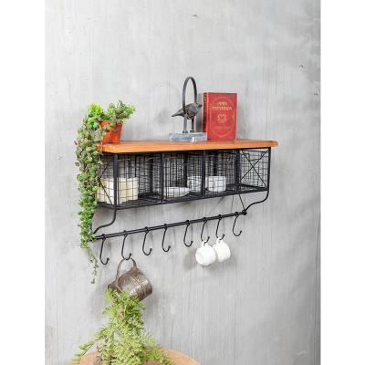 China Wholesale Minimalist Solid Wood Wall Shelves Decorative Iron Wall Floating Shelf With Metal Hooks Rack for sale