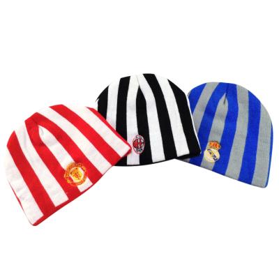 China JOINT Unisex Mens Knitted Beanie Hat Custom Winter Hat Football Fan Football Club Vertical Stripe Acrylic Shorts Knitted Beanie Hat for sale