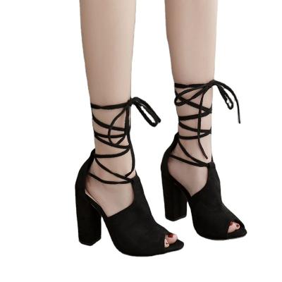 China ISEEYOUFIRST Fashion Trend Shoes Woman 2020 New Design Sexy Suede Ankle Criss Cross Peep-toe Tied Coarser Heels High Heels Shoes Plus Size Black for sale