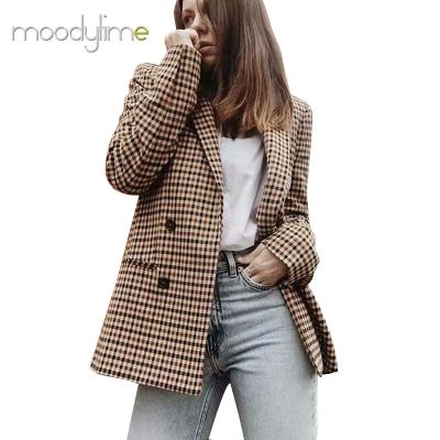 China Wholesale Women Office Ladies Double Breasted Suit Pattern Plaid Anti-wrinkle Fashion Women's Casual Blazers for sale