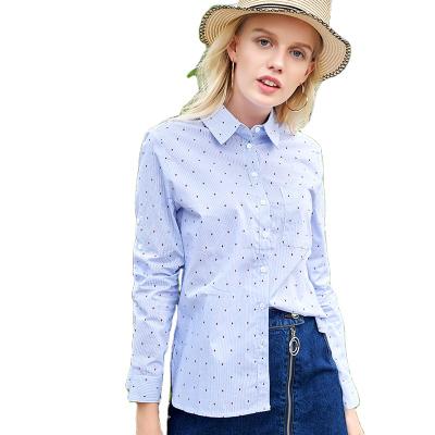 China Anti-pilling Wholesale In-Stock Women Blouses Cotton Shirt Ladies Print Casual Long Sleeve Blouses Stripe Shirt for sale