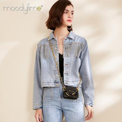 China Women's Breathable Custom Jacket Fashion Design Unique Denim Jacket For Women Washed Tassel Denim Coat For Ladies for sale