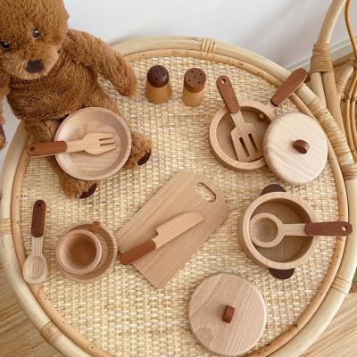 China Children's toys kitchen utensils family grid parent-child simulation role-playing wooden toys children's log fruit vegetable tableware for sale