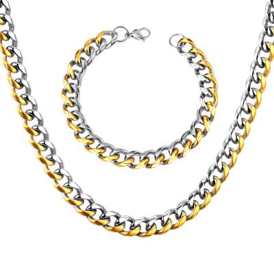 China CLASSIC Wholesale Stainless Steel Mens Jewelry 18k Gold Filled Cuban Chains Necklace Bracelet Set for sale