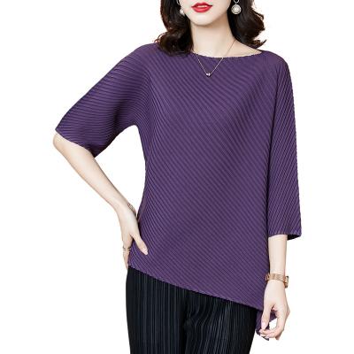 China Anti-wrinkle 2021 new women's pleated casual all-match solid color short-sleeved summer T-shirt for sale