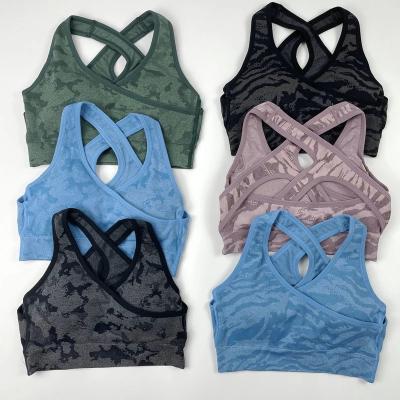 China Breathable 8 Color Women Camouflage Seamless Sports Bra Cross Back Padded Yoga Bra Cross Back Padded Sports Bra Sports Bra for sale