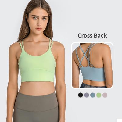 China Lulu Naked Breathable Feeling Basic Aplet Sports Bra Workout Removable Cups Padded Cami Tank Top Shockproof Compression Yoga Bra for sale