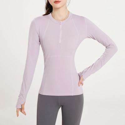 China Yoga Breathable Women Fitness Wear Long Sleeve Workout Push Up Zipper Tops Breathable Running T-Shirts With Thumble Hole for sale