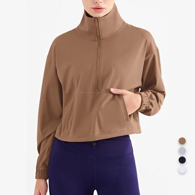 China Breathable Women Workout Tracksuits Half Zipper Pockets Full Crop Fitness Running Sports Long Sleeve Yoga Jackets for sale