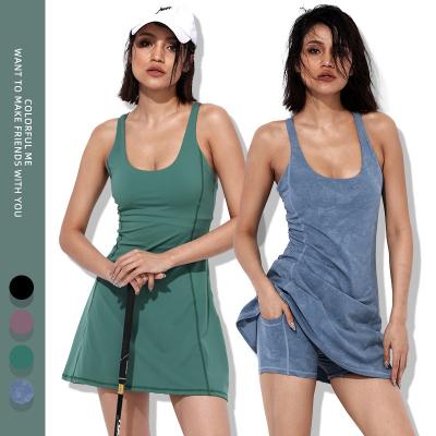 China High Quality Breathable Nude Feeling Dress And Sportswear Shorts 2 Piece Workout Tennis Dress With Chest Pad for sale