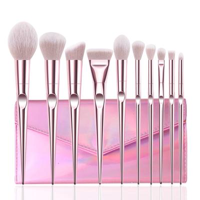 China Angular Blush Professional Wholesale 10 PCs Rose Gold Plastic Plating Handle Blush To Make Up Brushes Girls Daily Makeup Brush for sale