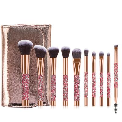 China Angular Blush Rose Gold Glitter Handle 10pcs Diamond Base Crystal Set Brush With PU Bag Makeup Brushes for sale