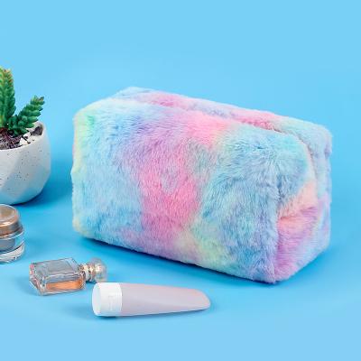 China Fashion Cute Rainbow Tie Dye Furry Logo Cover Custom Makeup Bags Beauty Organizer Pouch for sale