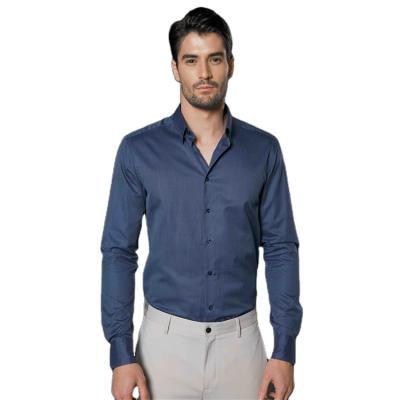 China 100% Classic Retro Cotton Men's Formal Shirts Long Sleeve Breathable Custom Made Dark Blue Dress Shirts for sale