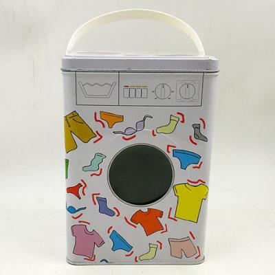 China Recycled Packaging Materials Washing Machine Shape Laundry Powder Storage Box Metal Tin With Handle And Plastic Body Window for sale