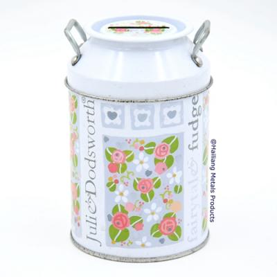 China Coins Antique Flower Milk Shape Coin Bank Tin Can Money Saving Box for sale