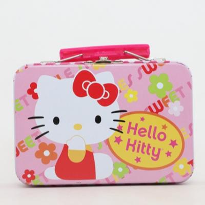 China Eco-friendly cute small metal tin canister kids suitcase tin for candy with plastic handle and lock for sale