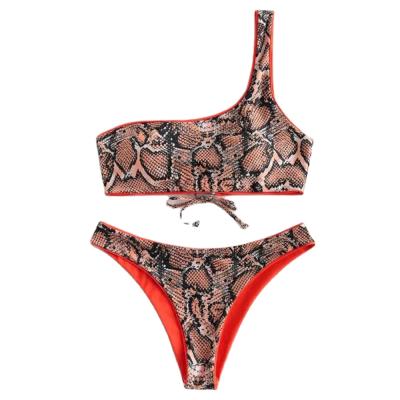 China 2021 New Design Breathable Snakeskin Print One Shoulder Bikini Women Swimsuits One Shoulder Bikini Set Swimwear for sale