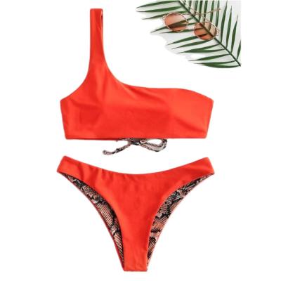 China Breathable Wholesale Snakeskin Bikini One Shoulder Reversible Swimsuit Padded Lace Up 2 Piece Swimsuits For Women for sale