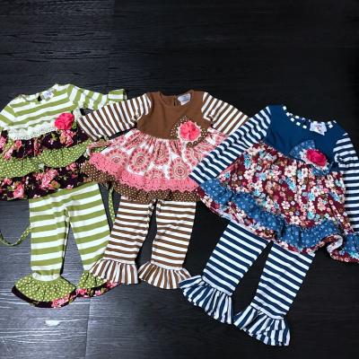 China Kids Bohemian Girls Ruffles Long Sleeves Cotton Stripes Boutique Clothing Sets for sale