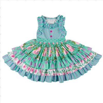 China Breathable Cotton Vintage Floral Ruffle Jersey Dress For 1-10 Years Girls for sale