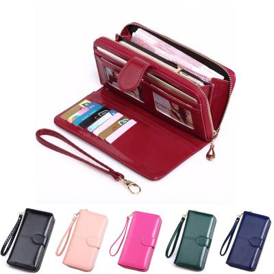 China Ladies Fashion Ladies Long Coin Leather Wallet Women Large Capacity Waterproof Waxed Zipper Purse for sale